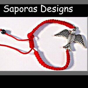 Handmade Red Braided Rope Bracelet With Silver Tone Bird Charm